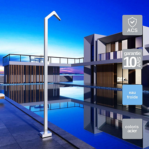 Douche de piscine Oklhaoma en Acier Inox 316- Tête D50mm - Corps D50mm- H. 2,21m - Garantie 10 ans - POOLIMEX