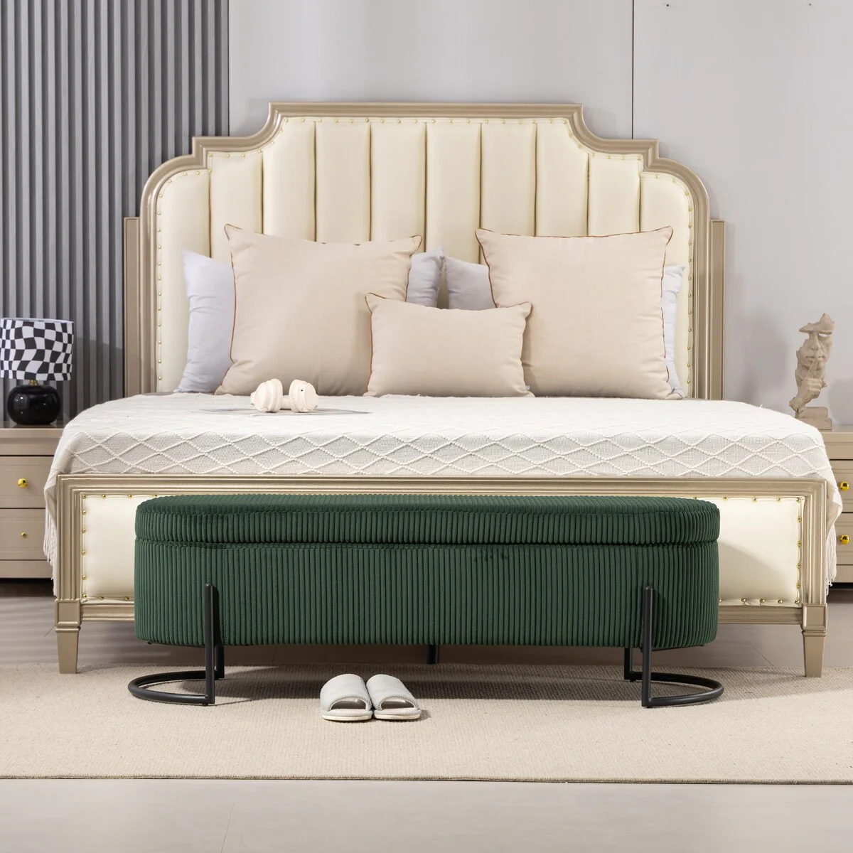 Woven storage Bench with safety hinges, End Bench for Living Room & Bedroom