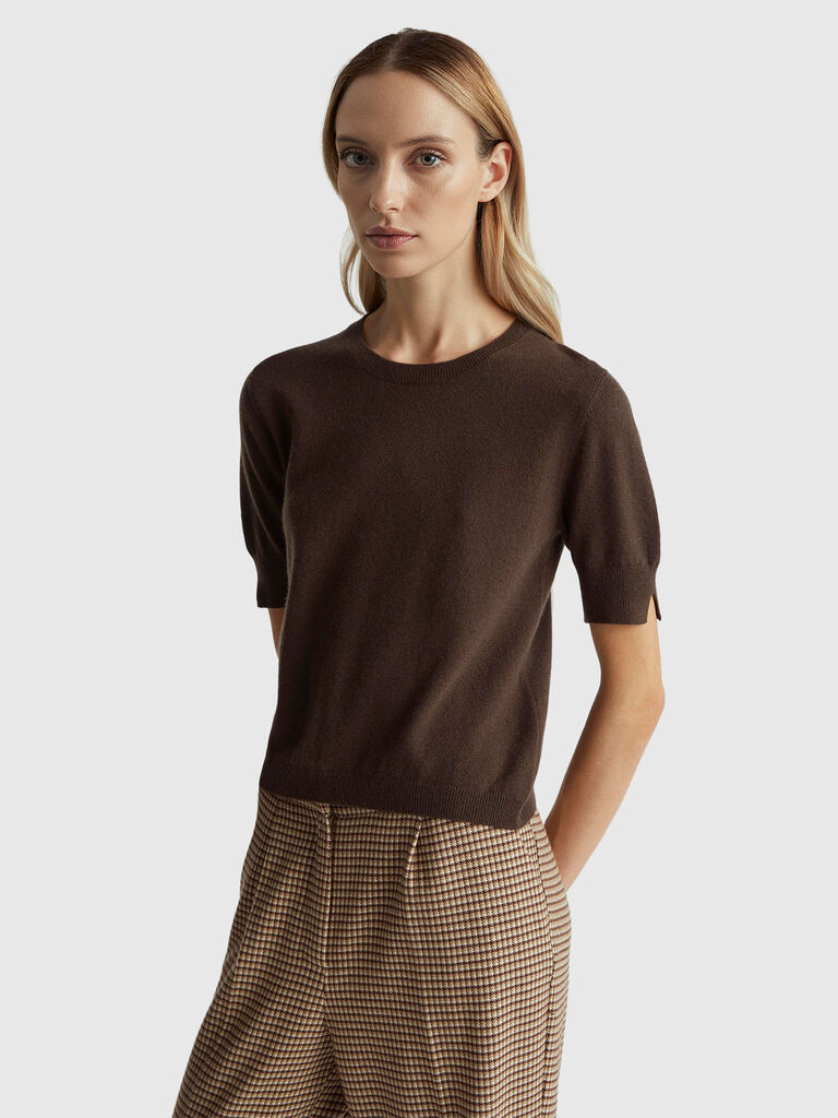Brown short sleeve sweater in pure Merino wool