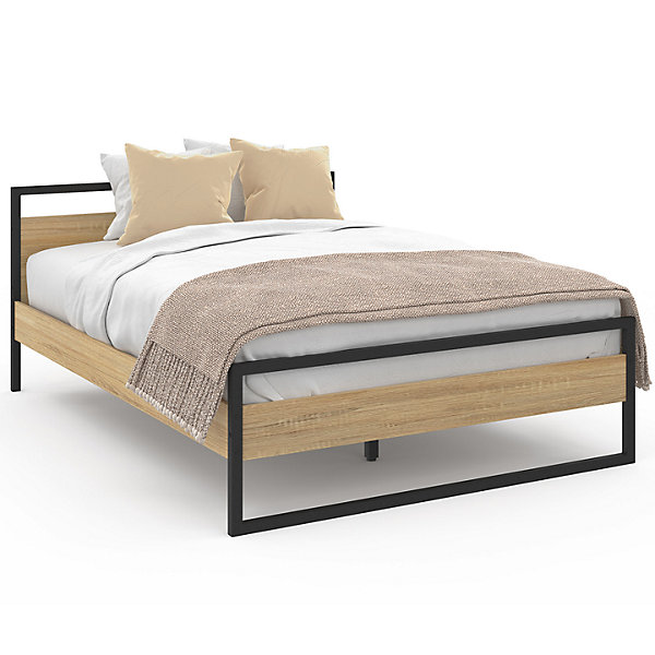 Lit double industriel DETROIT avec tête de lit et sommier 140 x 190 cm bois et métal noir