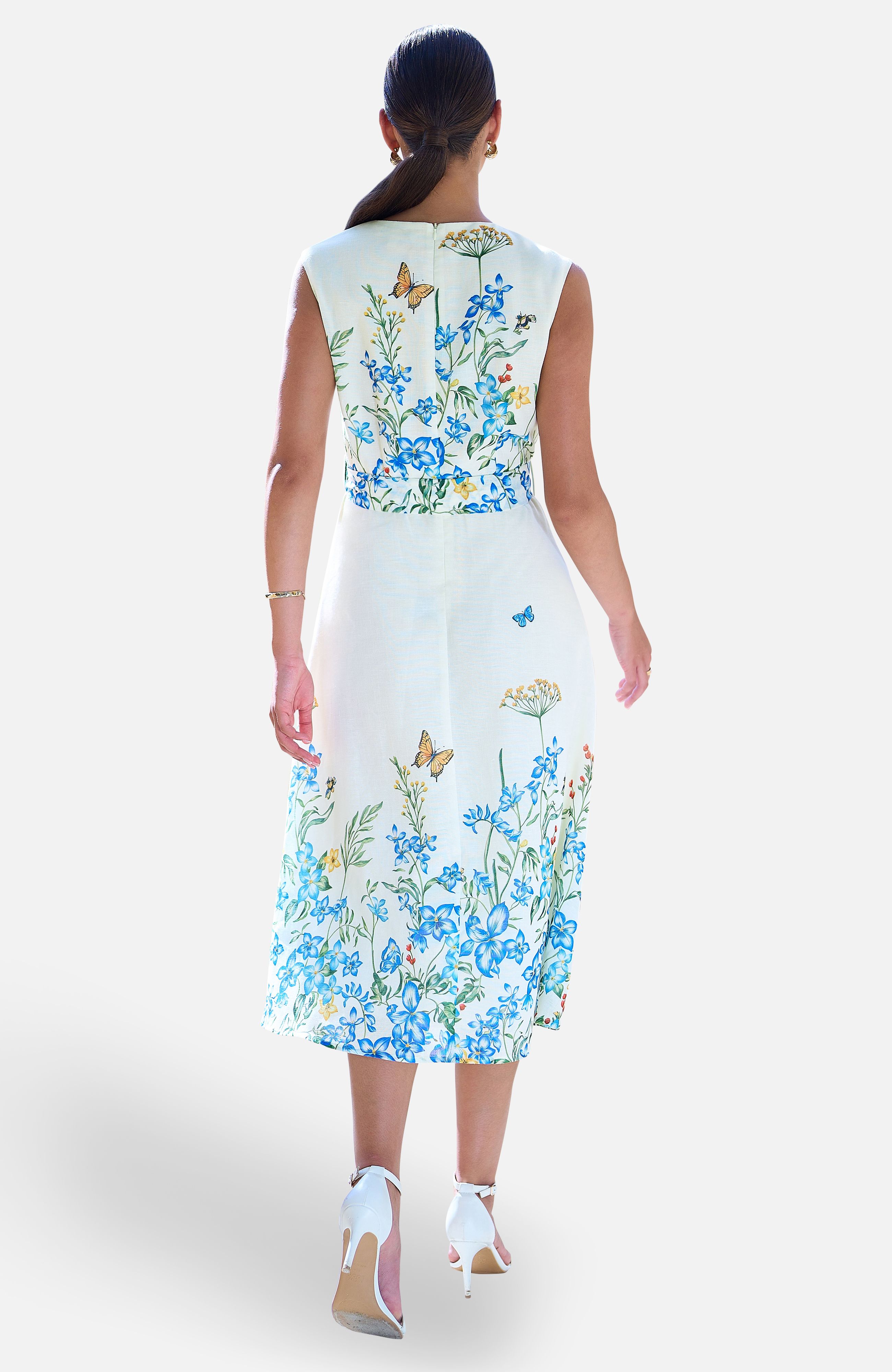 Yumi Ivory Butterfly Print Midi Wrap Dress