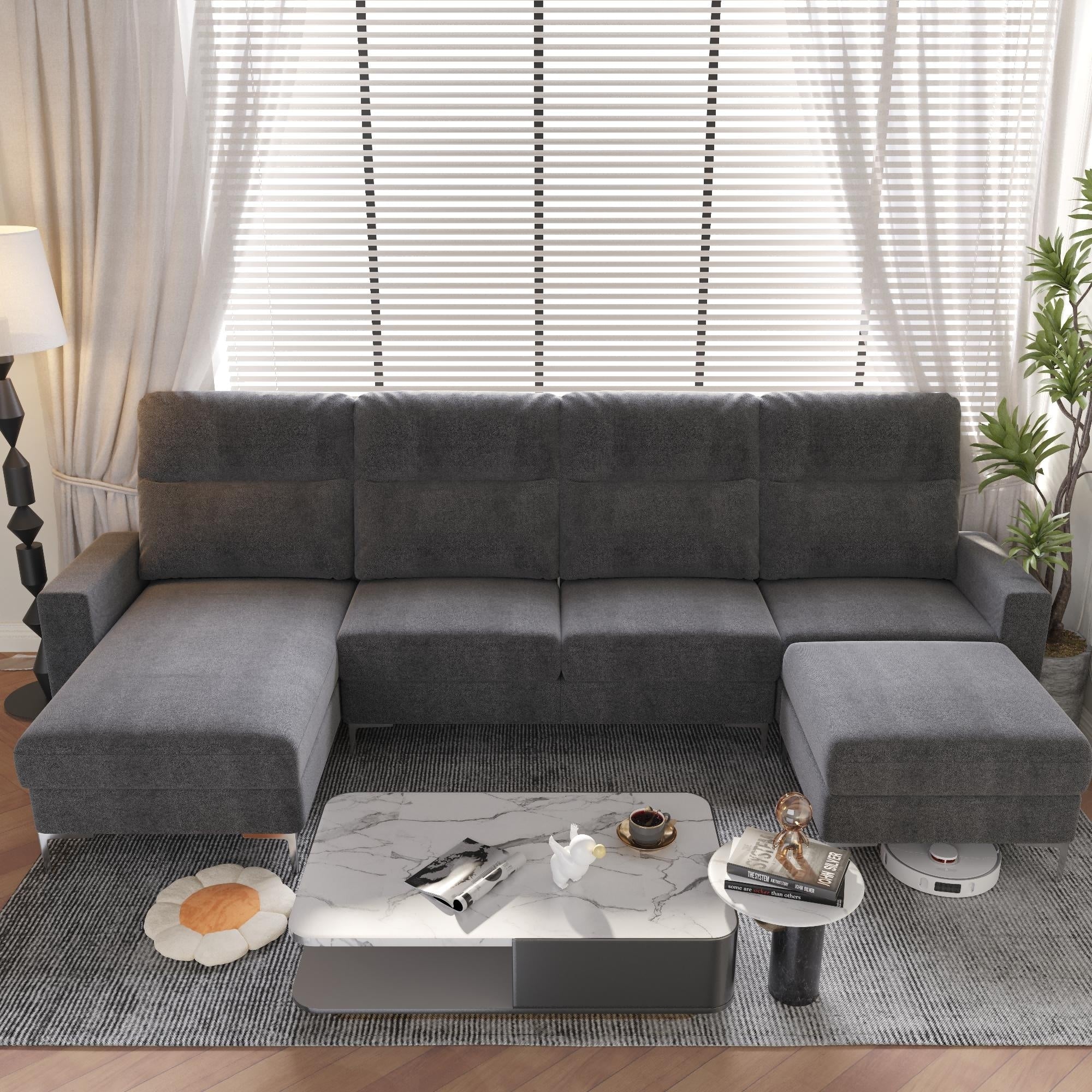 Furniwell U-Shaped Sofa with Upholstered Stool Convertible Combination Linen Sofa,Dark Grey