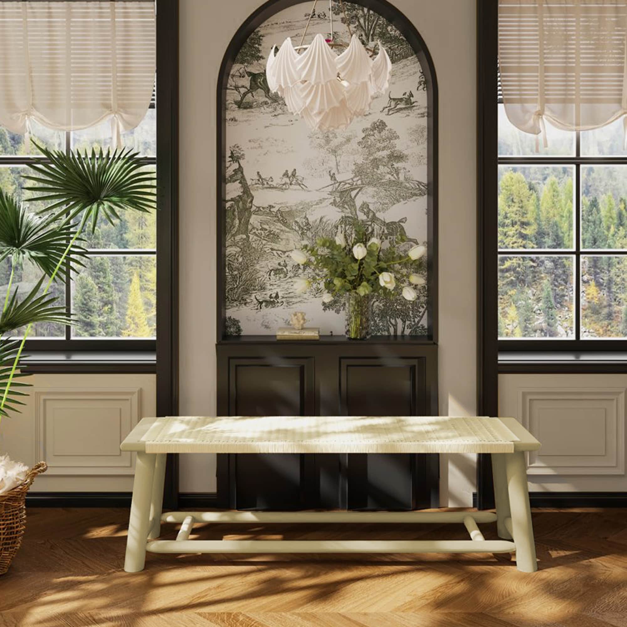 Farmhouse Modern Solid Wood Rattan Bench - 59 Inch Indoor & Covered Outdoor Bench Walnut Finish Multi-Functional Design