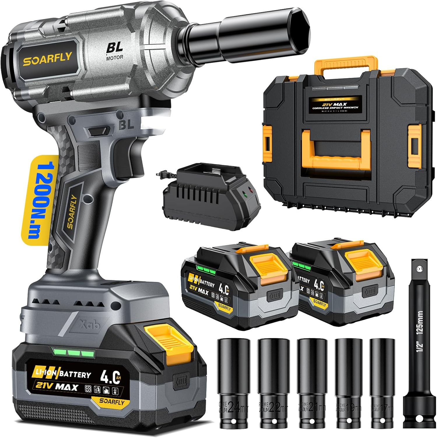 SOARFLY Upgraded Cordless Impact Wrench 1/2, 900 Ft-lbs (1200 Nm) Brushless Impact Gun, 21V High Torque Impact Driver with 2x 4.0Ah Batteries, Variable Speed for Car, Truck, Workshop, Heavy-Duty Jobs