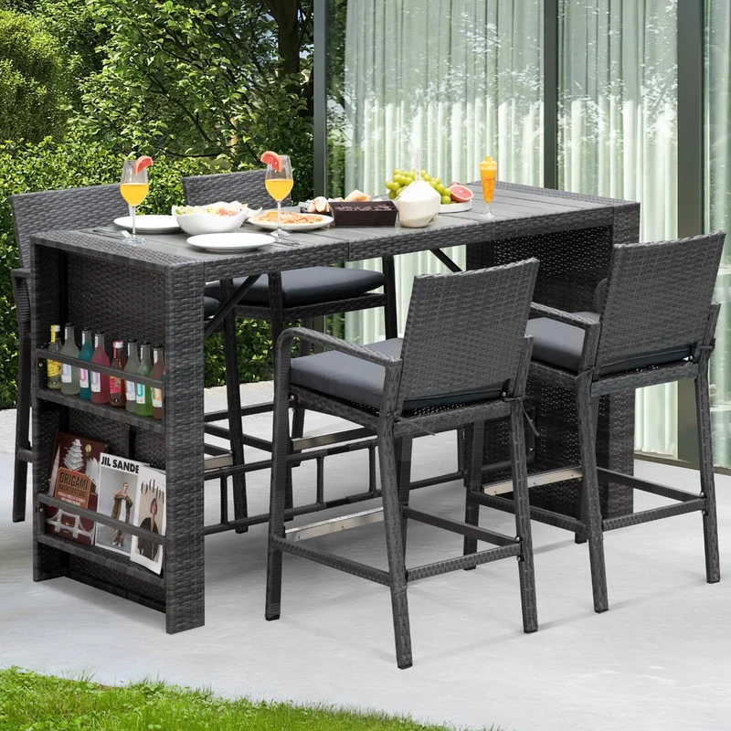 FINCATI Outdoor PE Wicker High Top Bar Table and Chairs, Extra-large Modern Luxury Rectangular Set for Four/ Six Persons