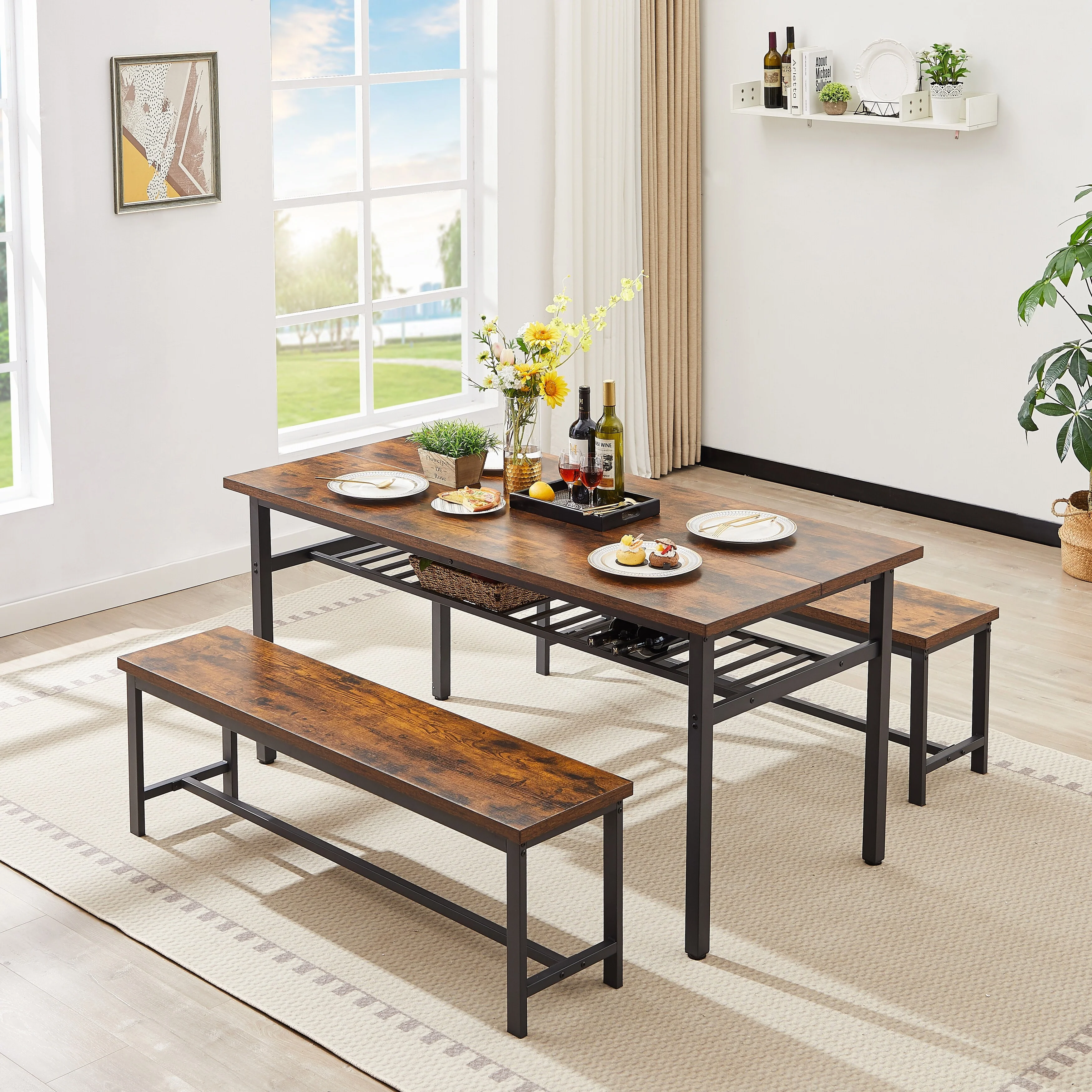 3-Piece Metal Dining Table Set with Rectangular Table, 2 Benches & Shelf