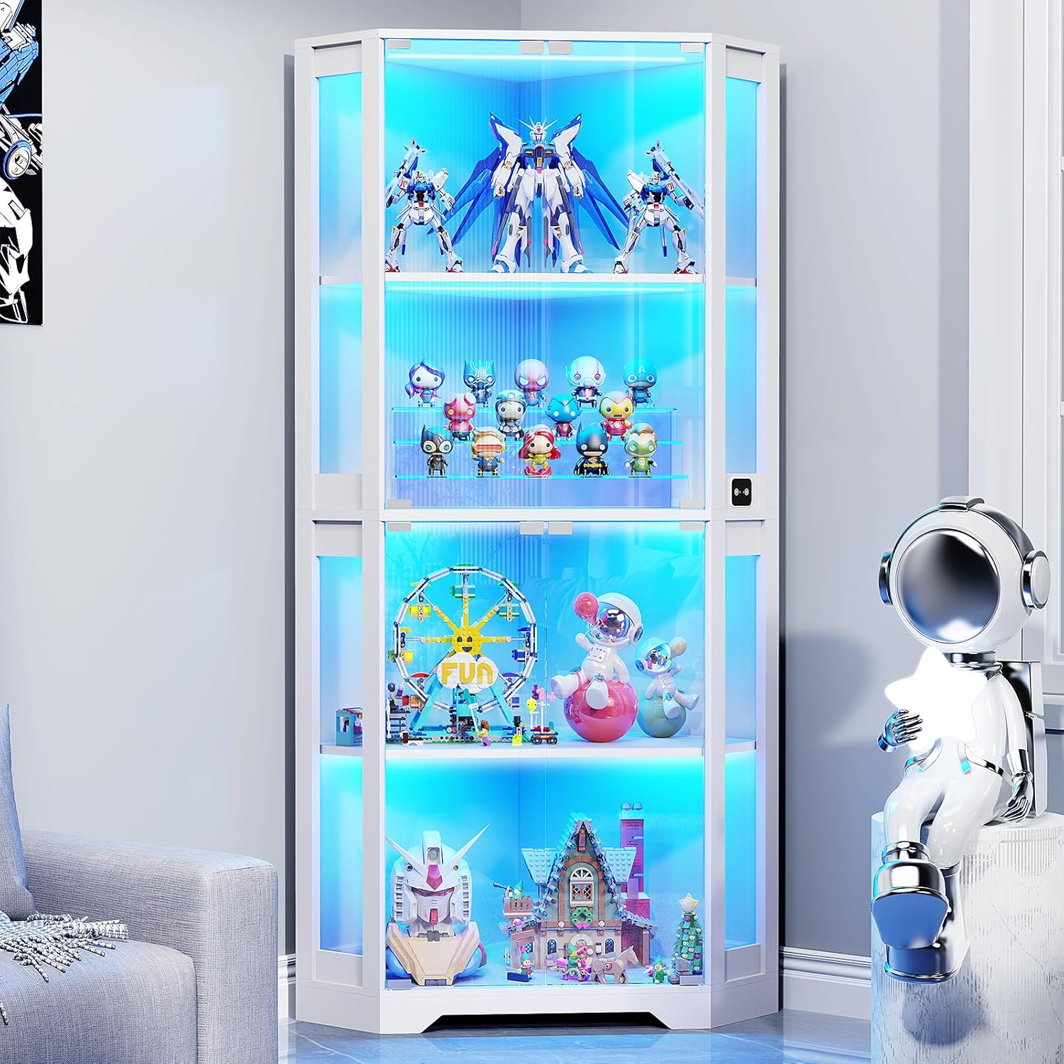BROTTAR Corner Display Cabinet with Glass Doors, 65 Lighted Curio Display Case with 3 Color Lights for Collectibles, Books, 4-Tier Bookcase with Human Body Sensor, White