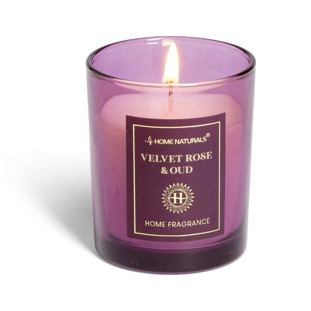 Bougie senteur rose et oud dans pot en verre Ø6,4xH7,9cm rose
