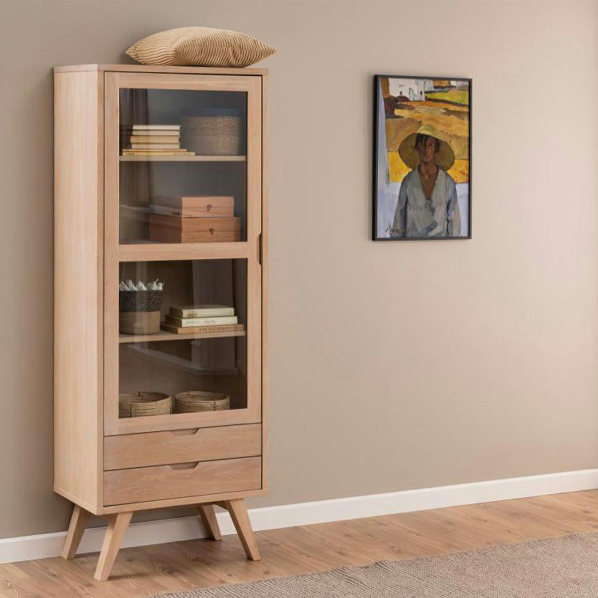 LINA - Buffet haut vitré 2 tiroirs en bois de chêne 190cm