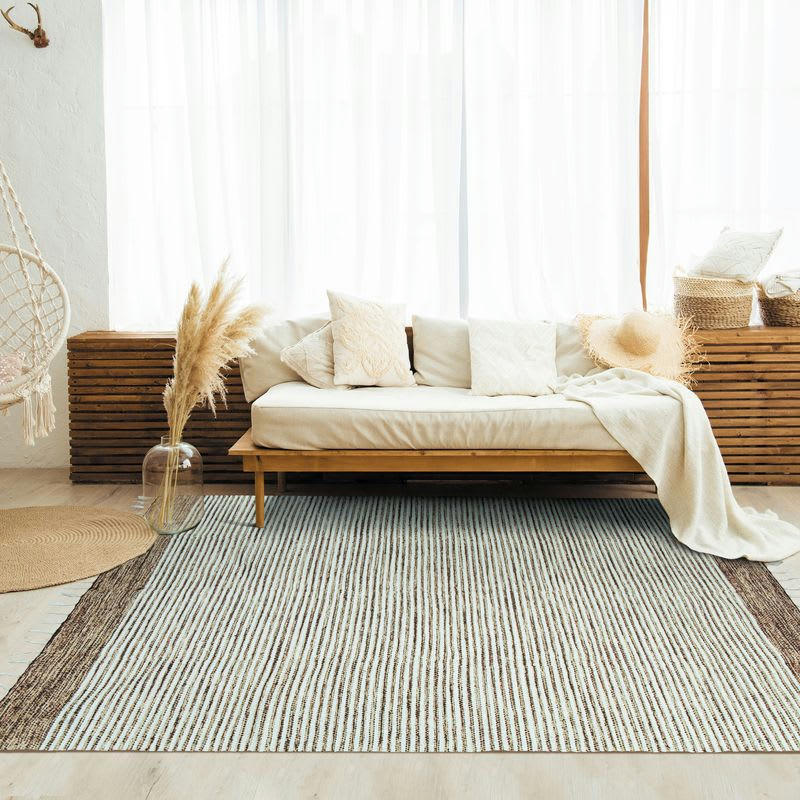TERRA - Tapis 100% coton bandes sable-blanc 160x230