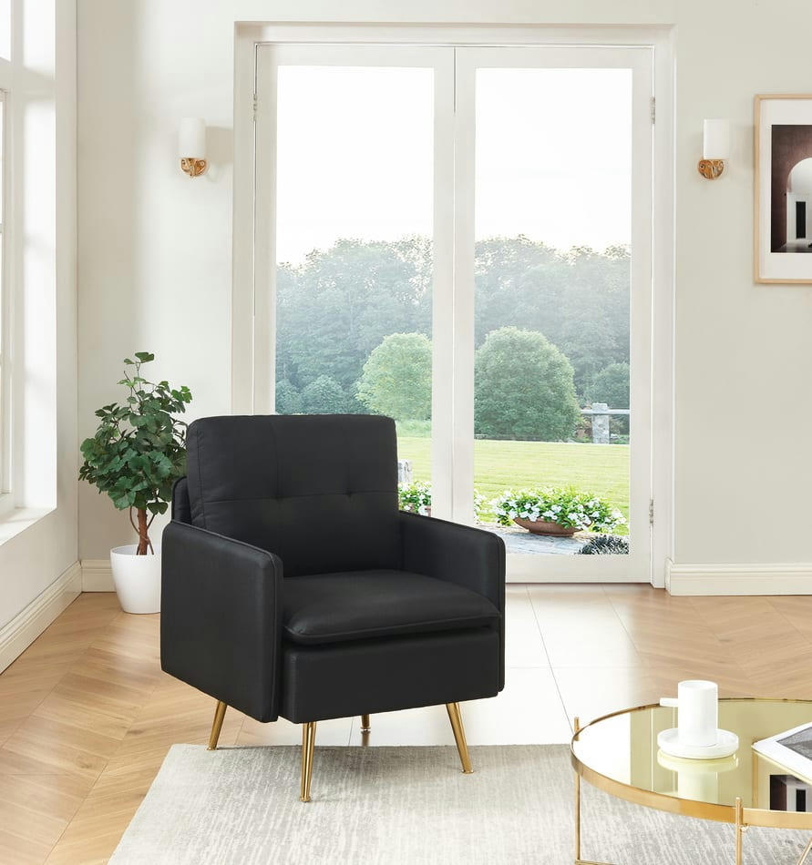 ADAM - Fauteuil  tissu noir  avec piètement en métal doré