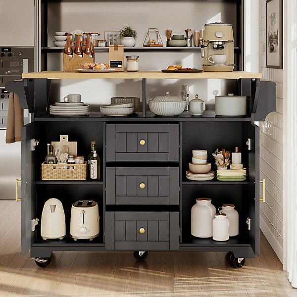 Îlot de Cuisine - Desserte de Cuisine Multifonction avec étagères Réglables et Rangement - MDF Métal - Noir 120x40-80x95 cm