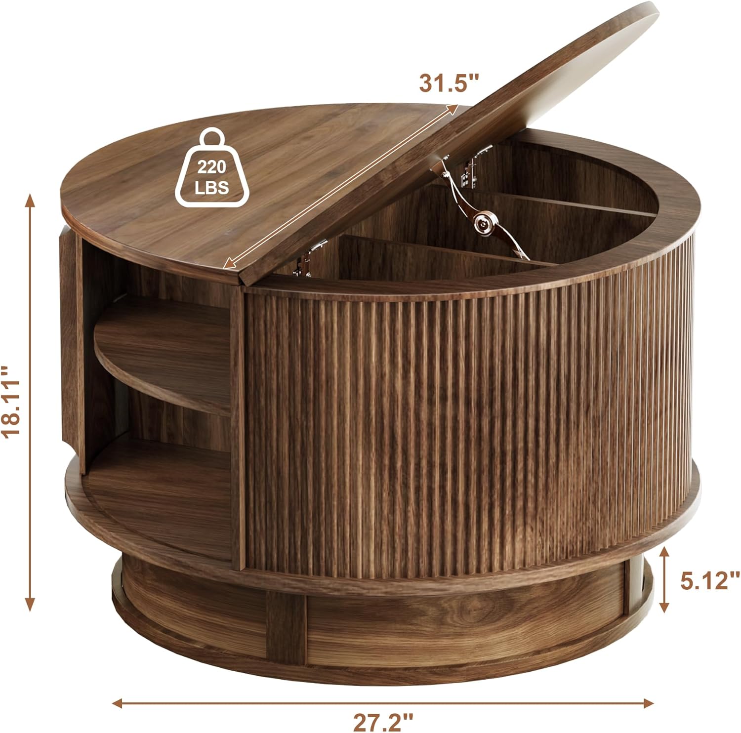 31.5 Round Fluted Coffee Table with Hidden Storage, Modern Wood Coffee Table with Flip-Up Hinged Tabletop, Divided Compartments and Rotating Base for Living Room & Apartment (Walnut)