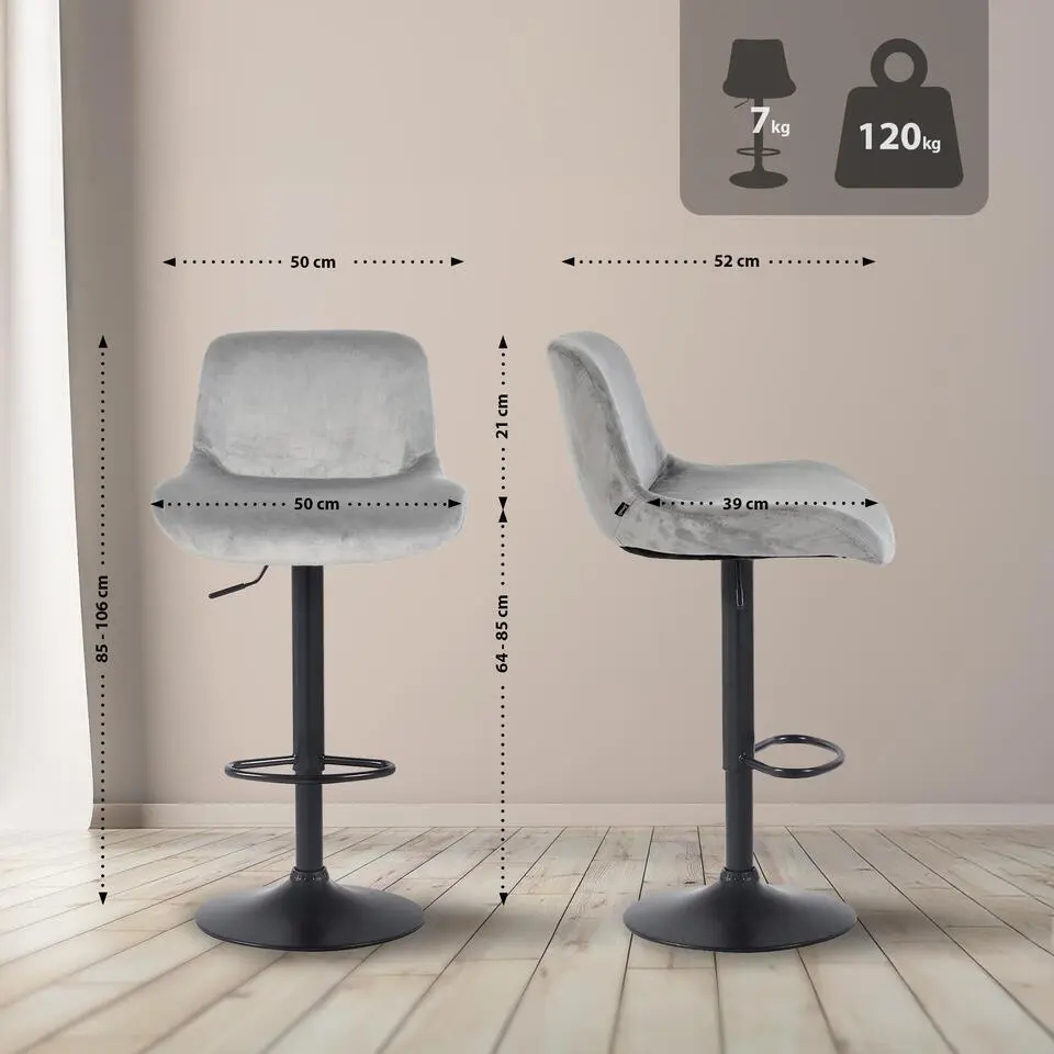 CLP Set van 2 Barkruk Solon mat zwart Frame - Fluweel - grijs