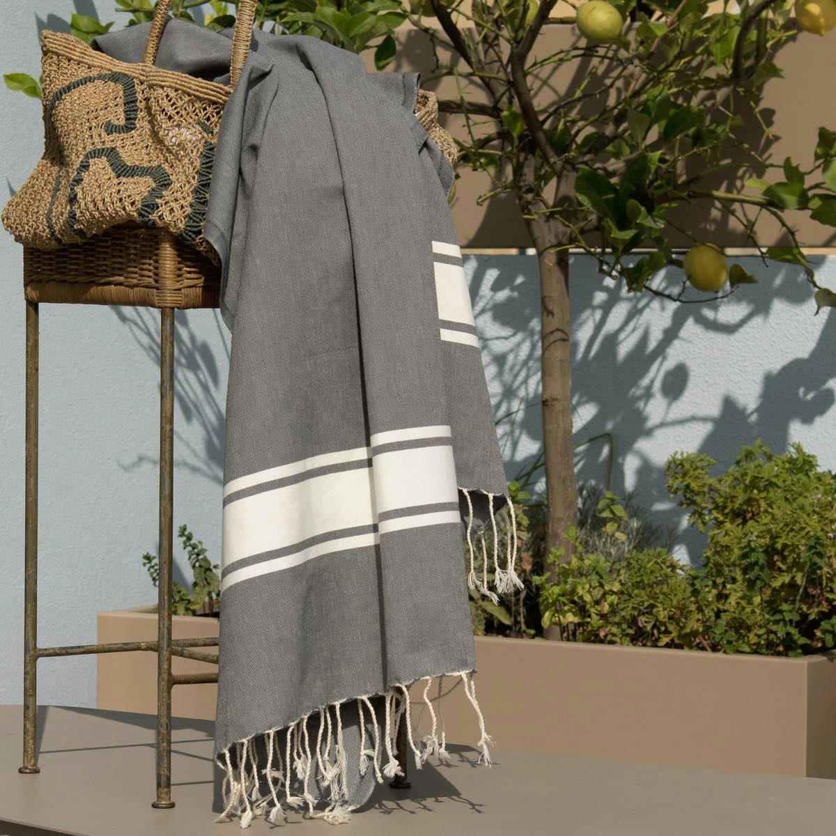 ST TROPEZ - Fouta bande blanche coton  100x200 gris moyen