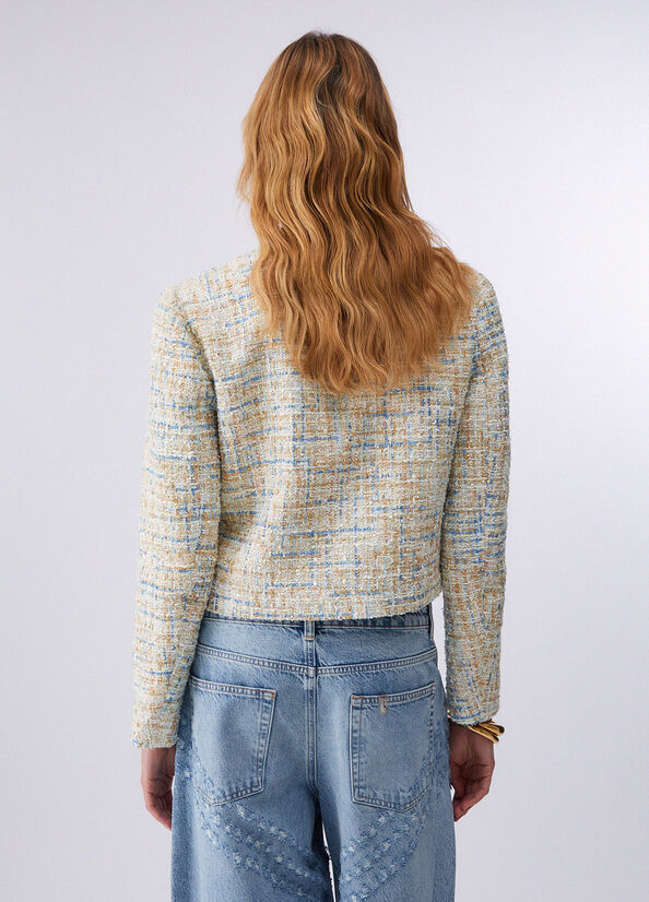 Giacca boucl&eacute; con dettagli in denim