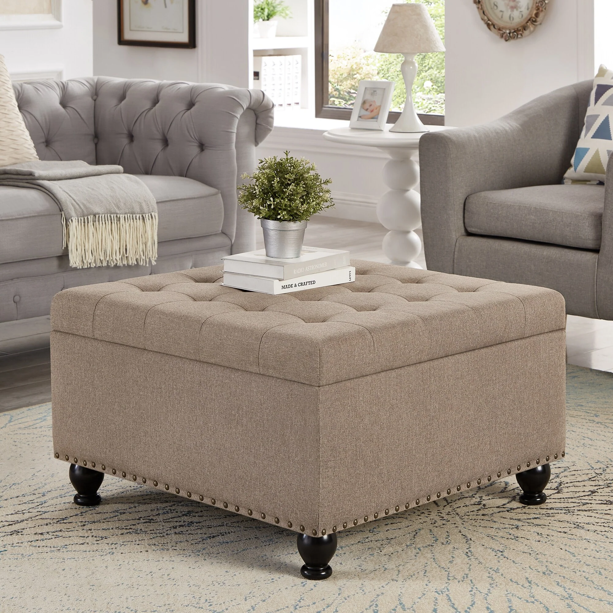 Large Square Storage Ottoman with Wooden Legs