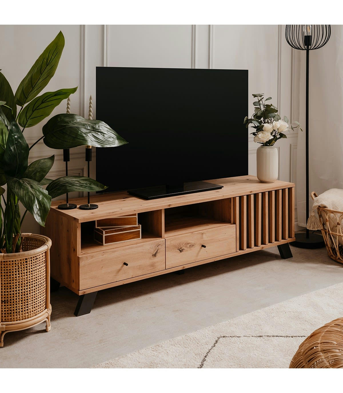 LUBLIN - Meuble TV 1 porte, 2 tiroirs et 2 niches effet bois - L138 x H44cm