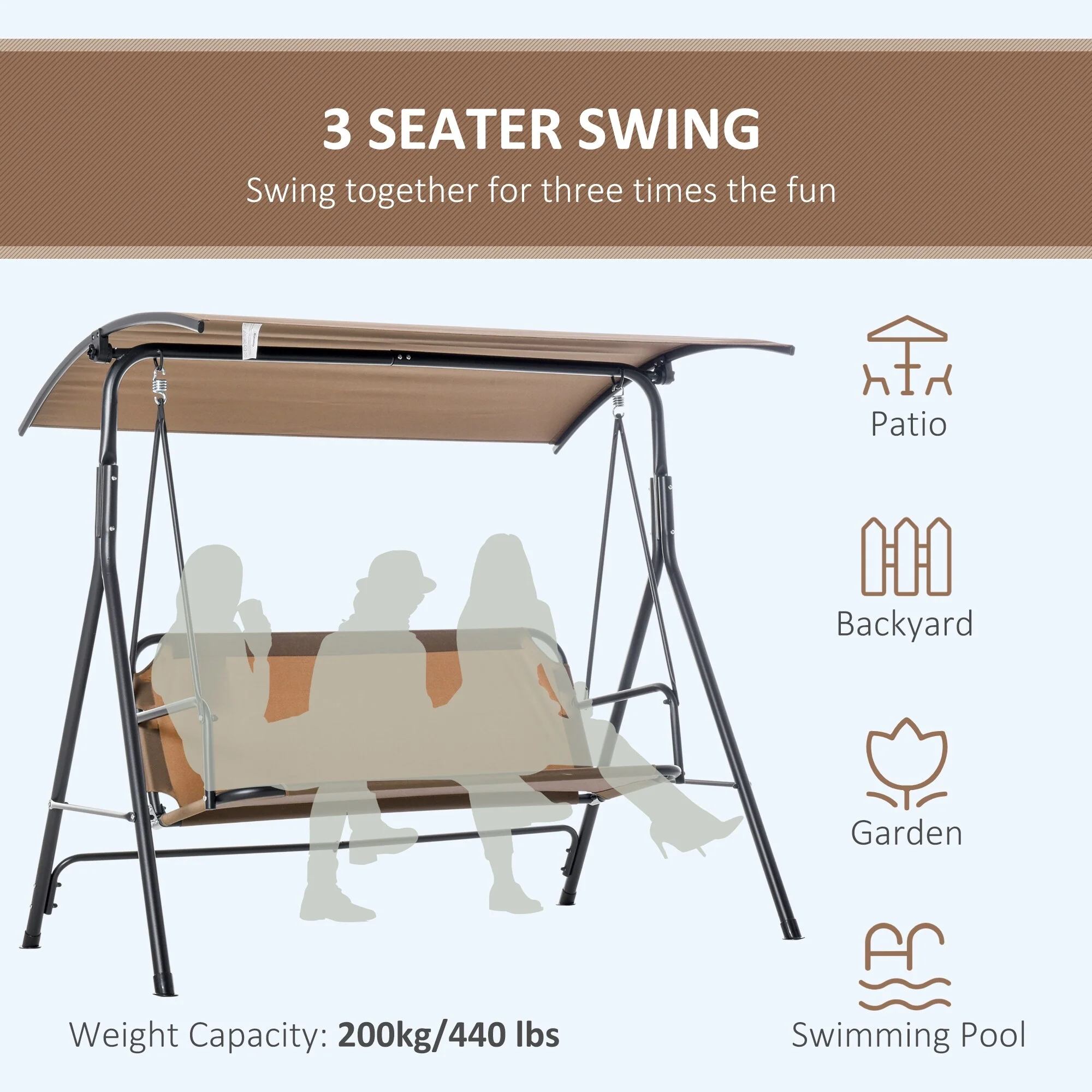 Steel 3-Person Porch Swing with Stand - Outdoor Canopy Swing (440lb Capacity)