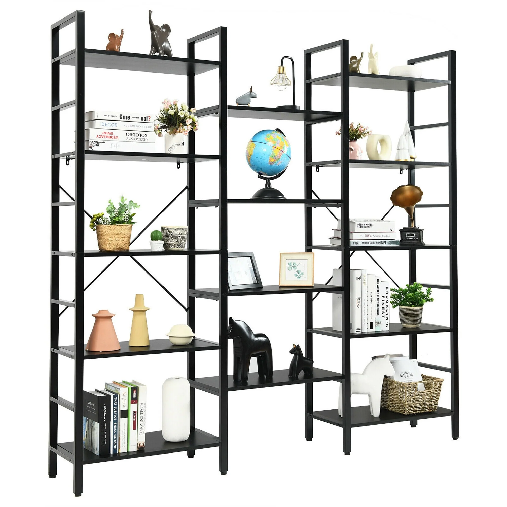 Gymax Triple Wide 5-tier Bookcase Large Bookshelf Display Storage - 71'' X 12.5'' X 70''