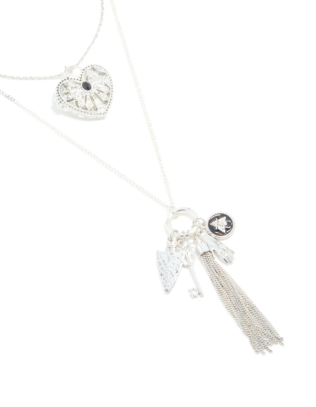 Antique Silver Heart & Arrow Boho Charm Layered Necklace