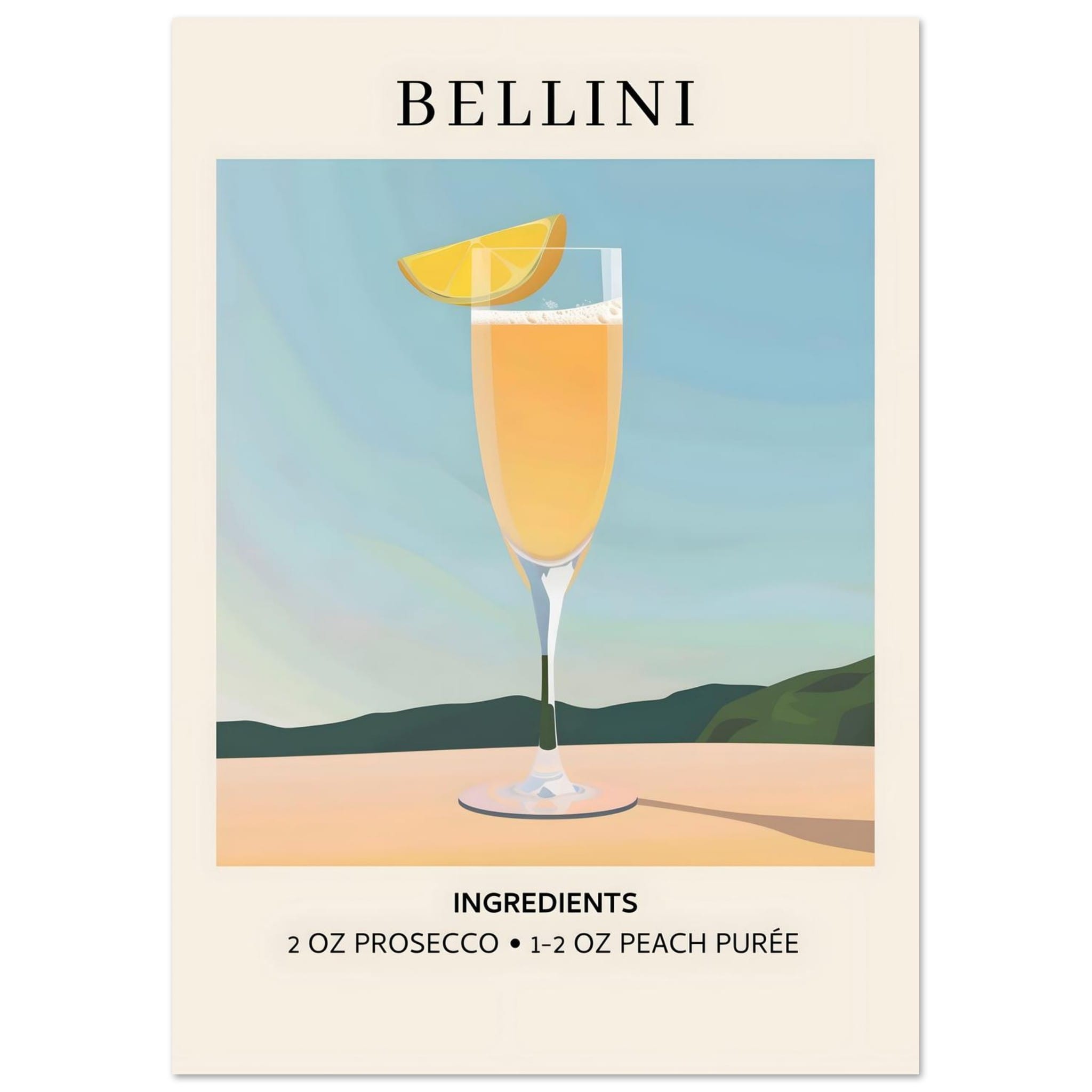 Artfulprints Poster Bellini cocktail - Ingrediënten  - A4 21x29.7 cm - Geel