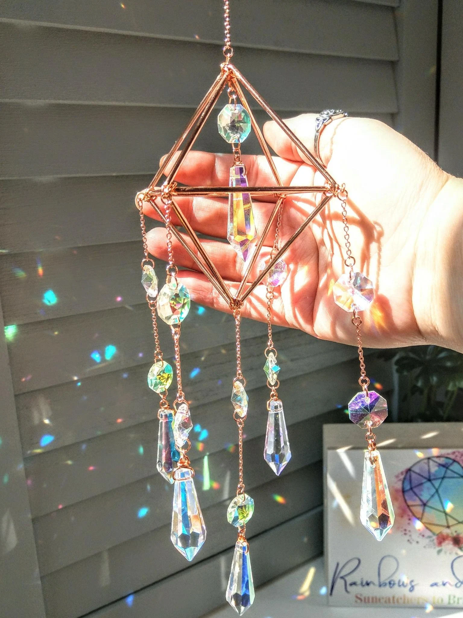 Geometric #3 in Rose Gold - Modern Crystal Suncatcher Mobile / Rainbow Maker / Prism Sun Catcher / Decor - Elemental (Rainbows and Whimsy)