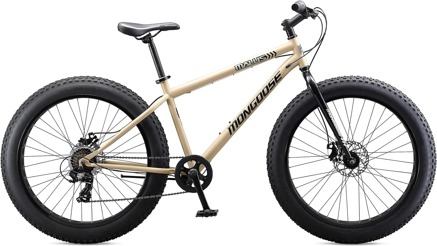 Mongoose Malus Mens and Women Fat Tire Mountain Bike, 26-Inch Bicycle Wheels, 4-Inch Wide Knobby Tires, Steel Frame, 7 Speed Drivetrain, Shimano Rear Derailleur, Disc Brakes(Tan)