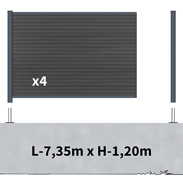 Kit Clôture Composite sur Muret SANTOS Ardoise 7,5x1,2m - Bois composite &Aluminium - Poteaux sur Platines Gris - Brise vue