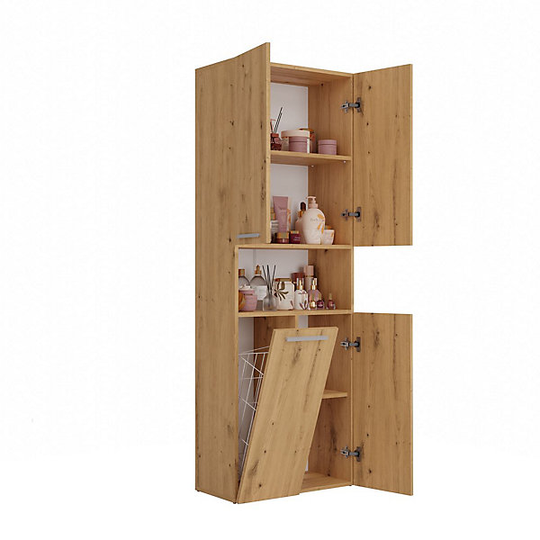 GLAZE - Armoire de salle de bain avec panier à linge - Style moderne - 174x60x30 cm - CHÊNE ARTISAN