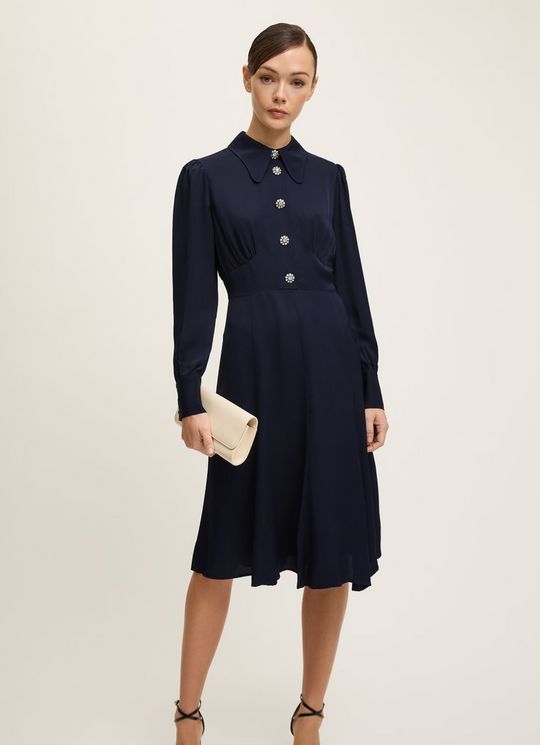 Mira Navy Crepe Long Sleeve Tea Dress