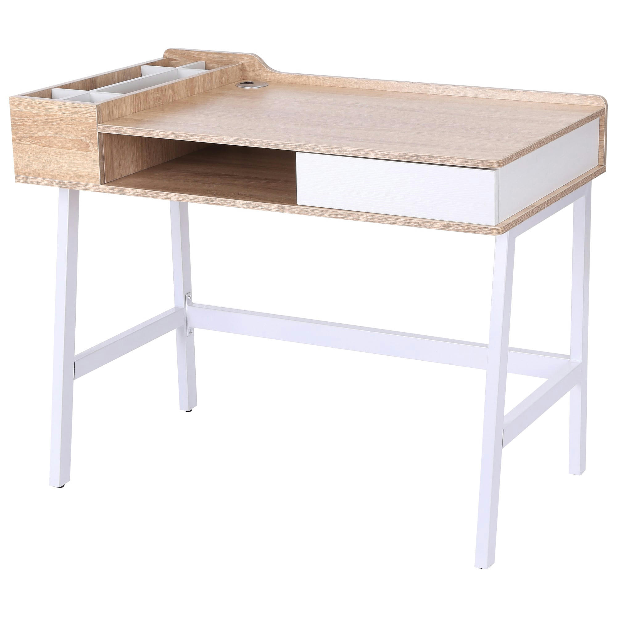 - Bureau informatique multi-rangements métal blanc MDF chêne clair