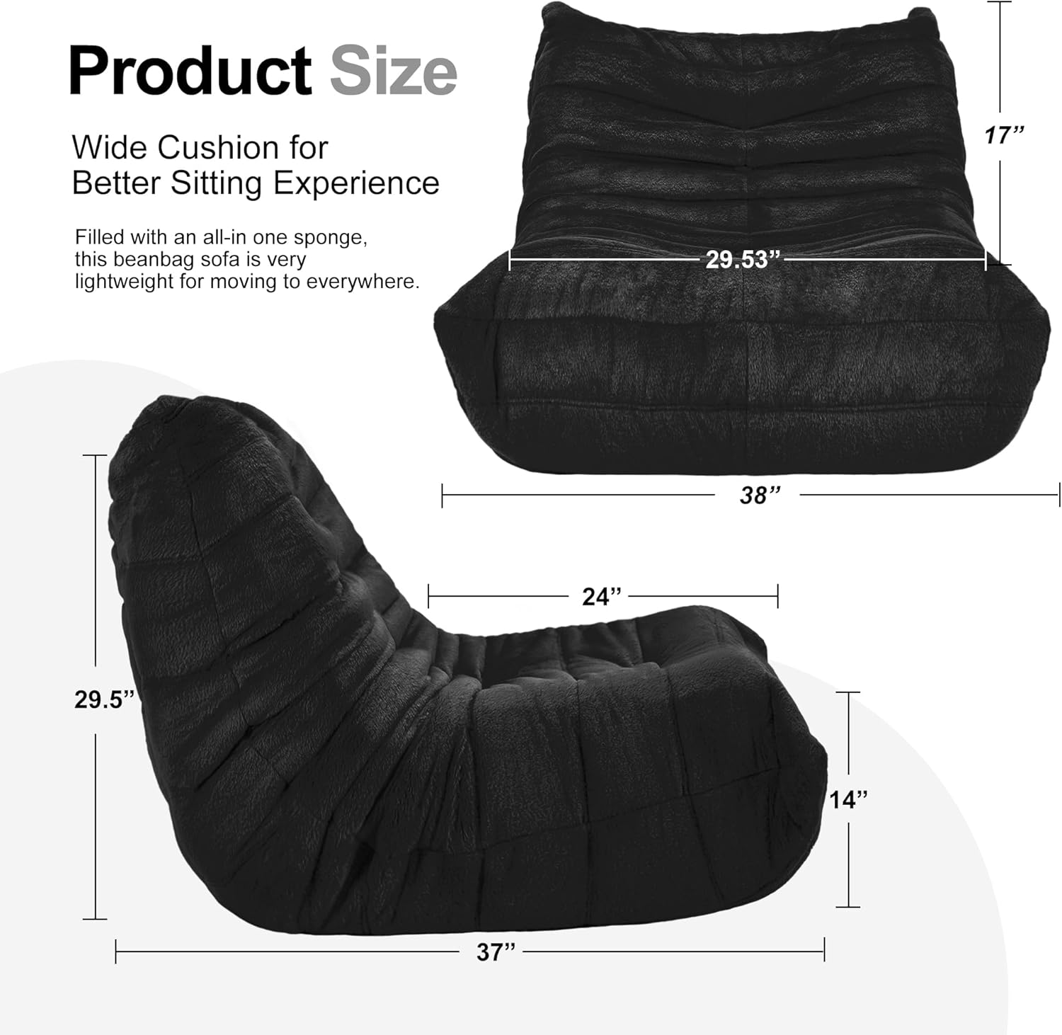 Bean Bag Chairs for Adults Giant Bean Bag Chair Memory Foam BeanBag Chair Bean Bag Sofa with Filler Faux Fur Fireside Beanbags Lazy Sofa for Living Room Bedroom Office (Black Plush, Single)