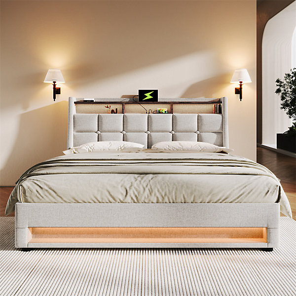 Lit rembourré hydraulique 160x200 cm lit de rangement lit usb lit en métal lit cadre à lattes en bois lit led double lin beige