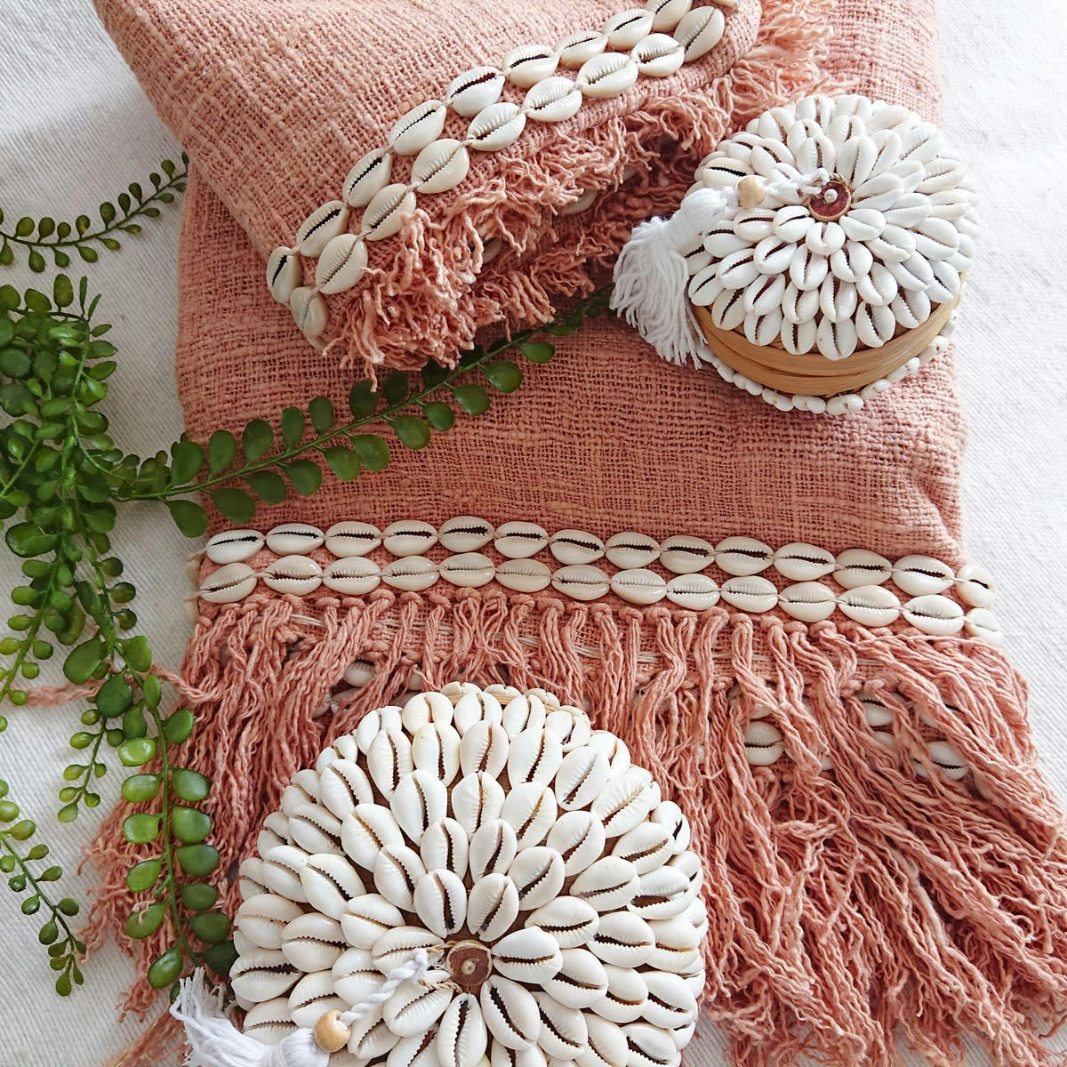 CANGA - Plaid en coton avec coquillages, coral 200x140 cm