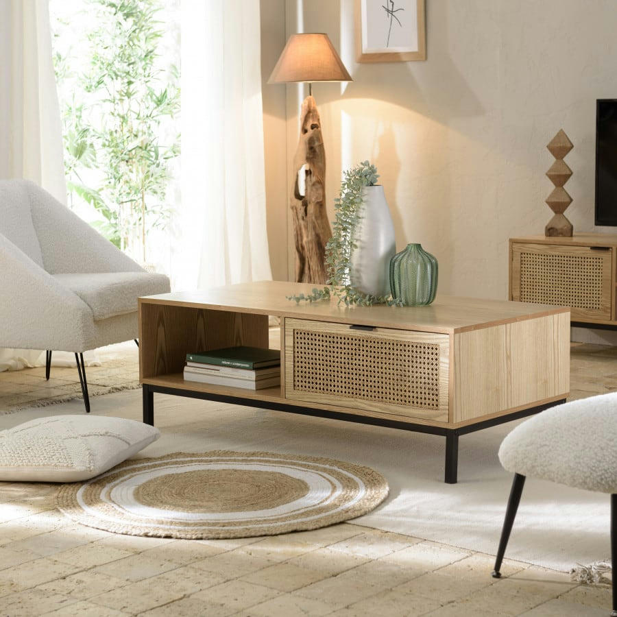 MARCEAU - Table basse 1 niche 2 tiroirs cannage naturel pieds métal noir