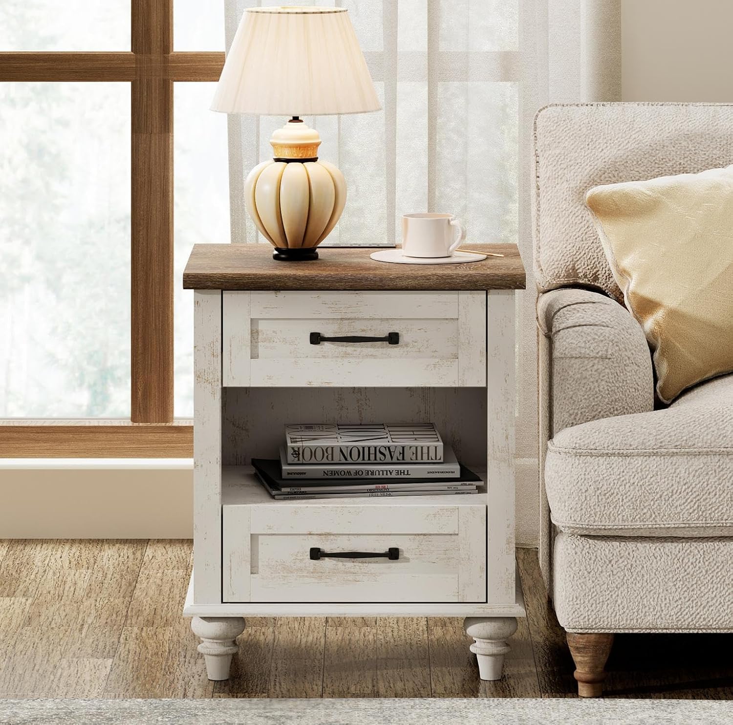 WAMPAT Farmhouse End Table Nightstand with Charging Station, Small Side Table with 2 Drawers & Shelf for Living Room, Light Wood Night Stand Bedside Table for Bedroom, Antique White