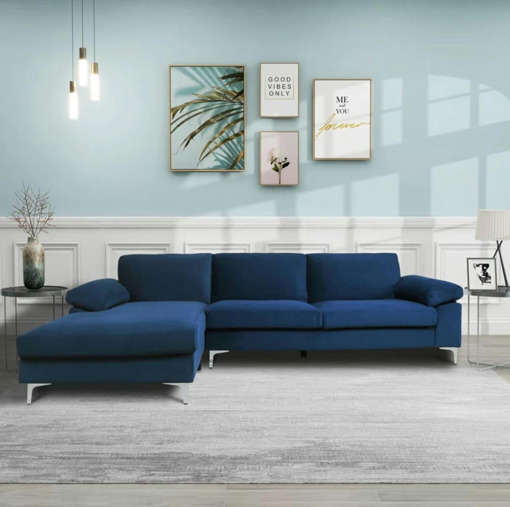 GALWAY - Canapé d'angle gauche 4/5 places en velours bleu
