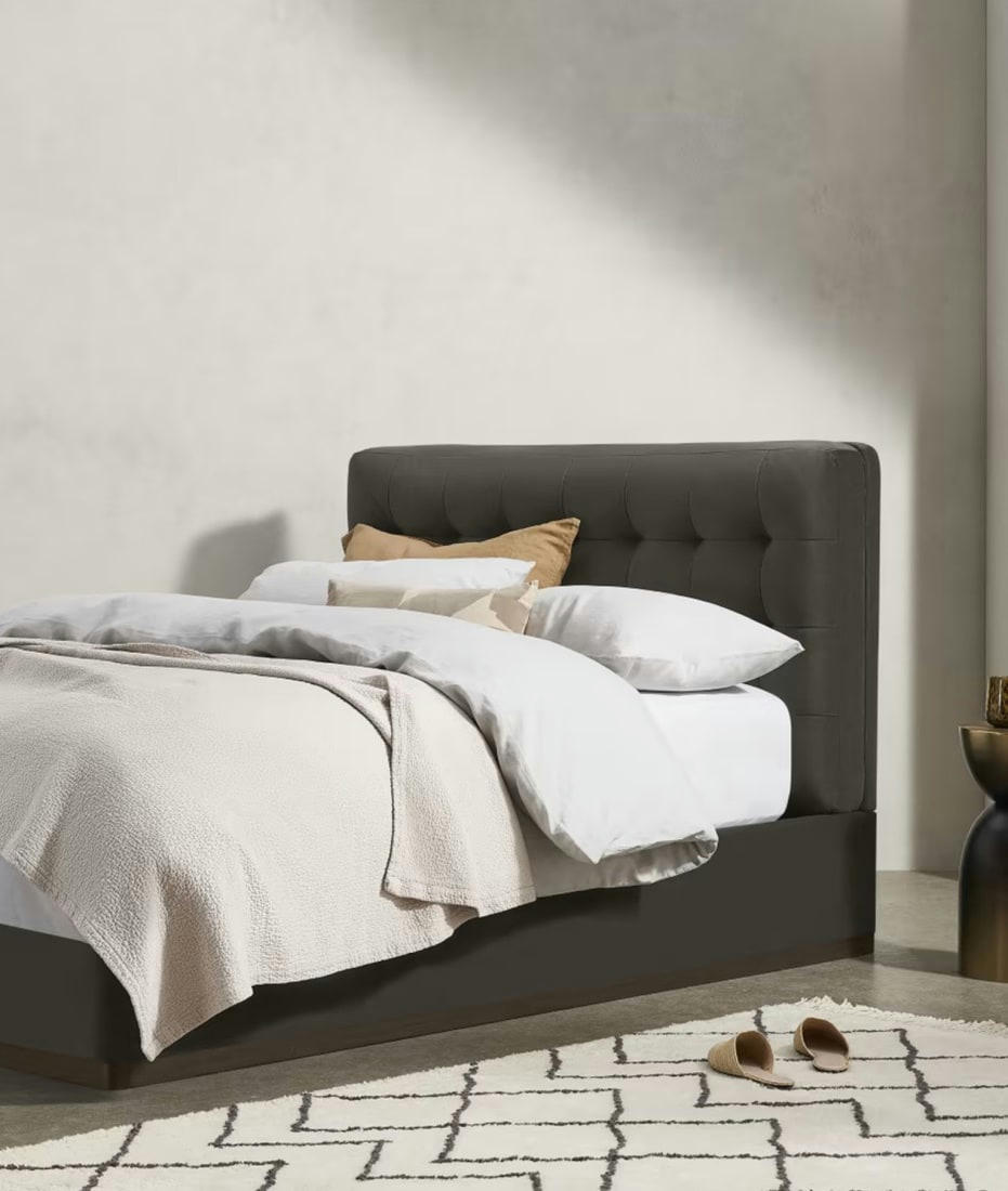 LAVELLE - Lit coffre gris en tissu 180x200