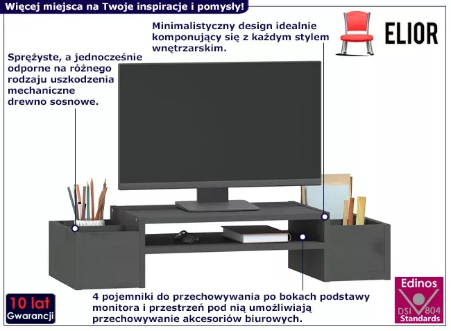 Szara półka na biurko z 4 pojemnikami - Venix