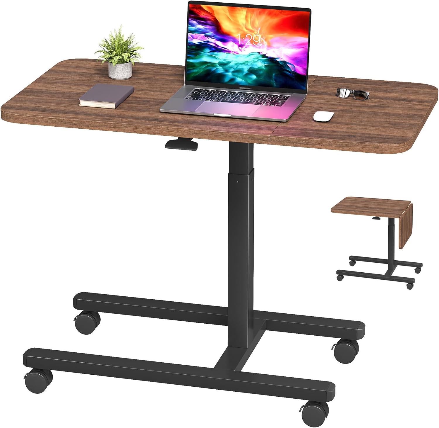 Homkdom C Shaped Table with Wheels, Side End Table with Extended Desktop, Adjustable Rolling Desk for Small Space, Dorm, Height Adjustment (29.5-44), Walnut Brown