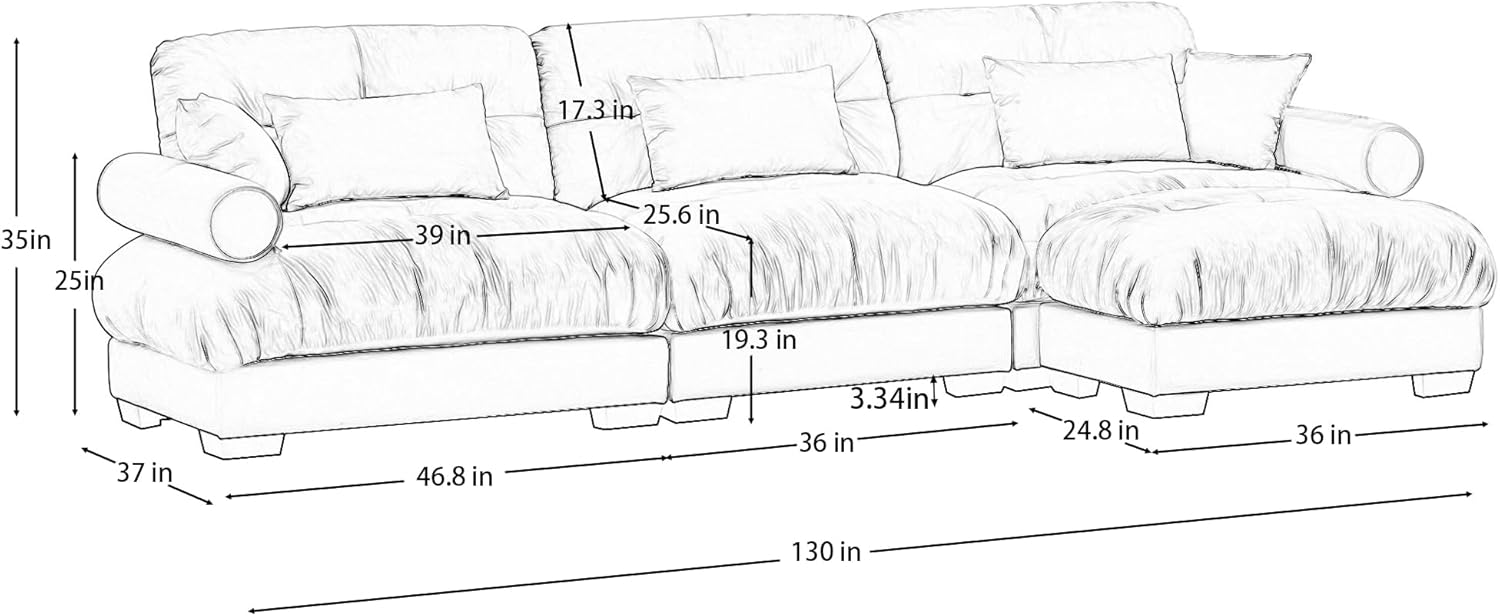 130 Modular Sectional Cloud Couch, Oversized 3-Seater Couch with Ottoman, Comfy Velvet Fluffy Sofa, Deep Seat L Shaped Sectional Couches for Living Room