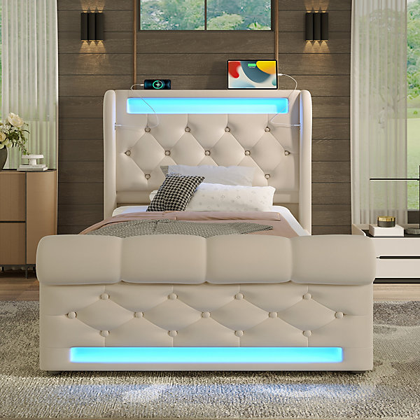 Canapé lit 90x200 cm avec rangement hydraulique, éclairage LED intégré et prises USB C en velours beige