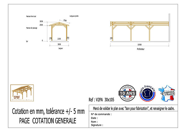 Carport adossé deux pentes 300cmx1150cm bois DOUGLAS Français (Charpente en bois-auvent-abri voiture) 35m². Garantie 10 ans
