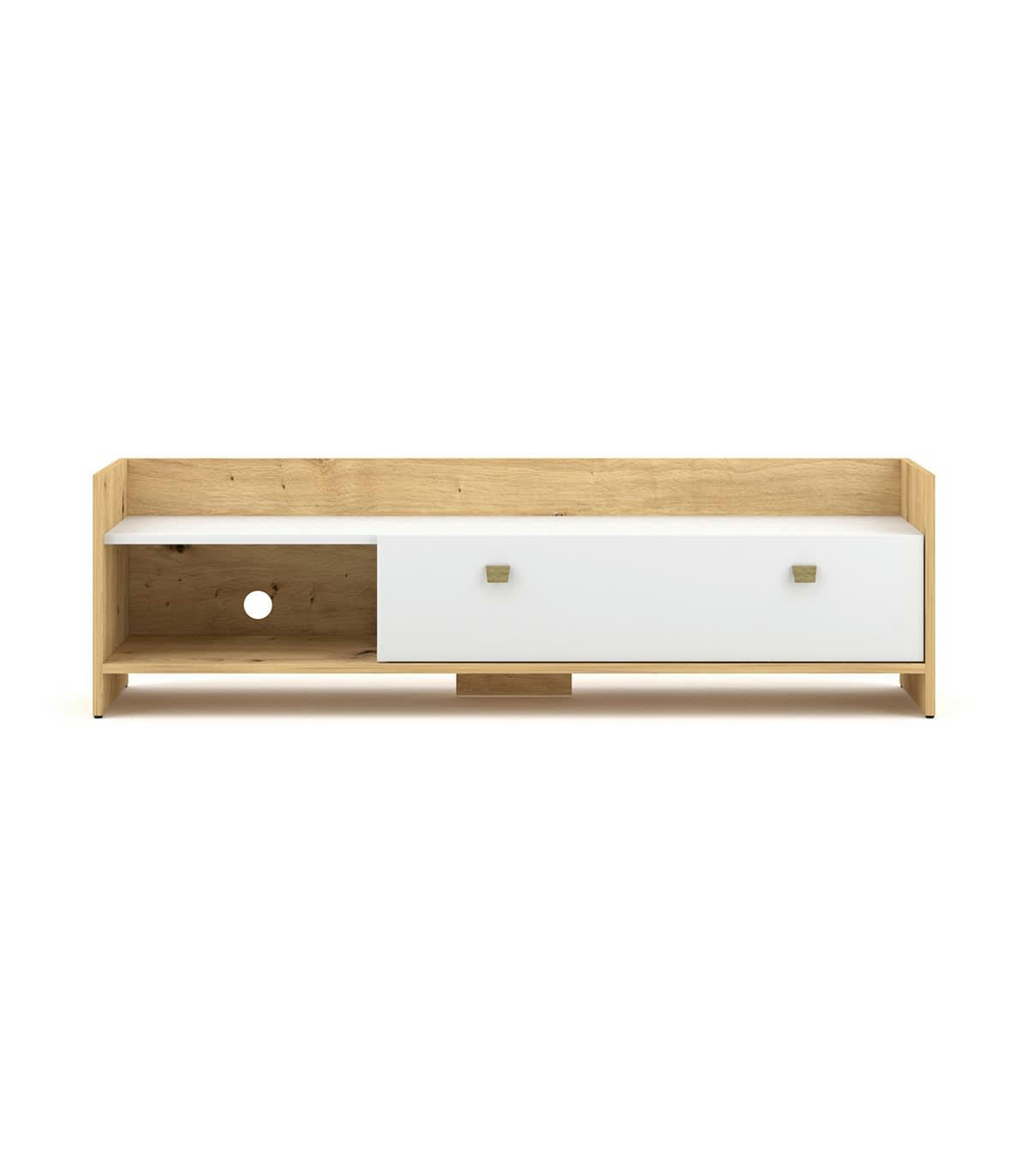 OPEN - Meuble TV 2 niches et porte rabattable effet bois - L140 x H37 cm