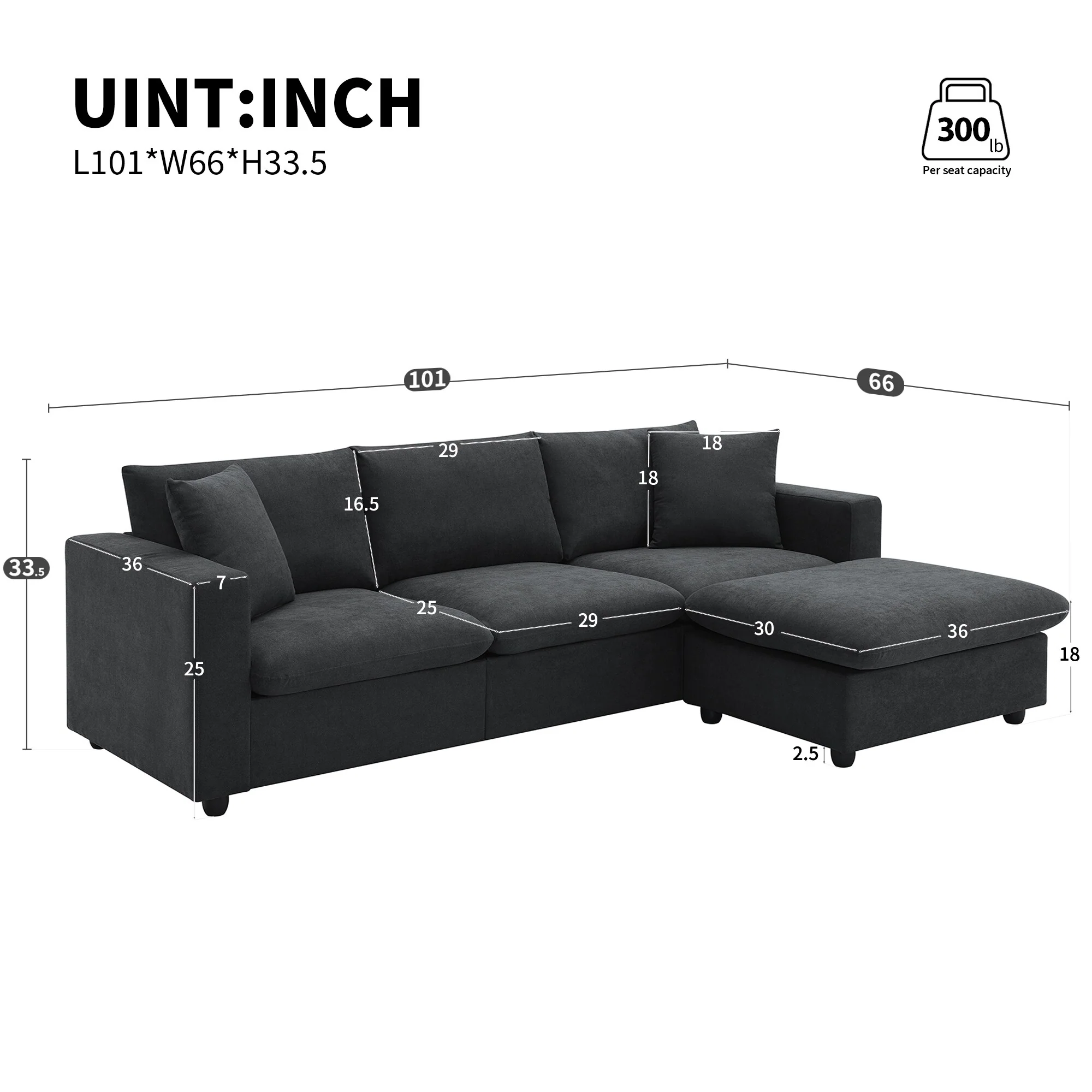 Black 100.4'' Polyester L-Shaped 4-Seat Sectional Sofa with Convertible Ottoman and 2 Cushions, Modern Aesthetic