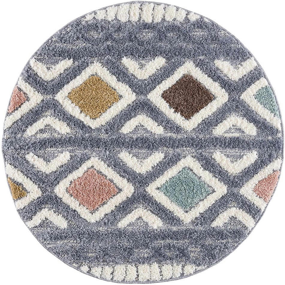 BÖHMEN - Tapis rond à poils longs et relief multicolore 160x160cm