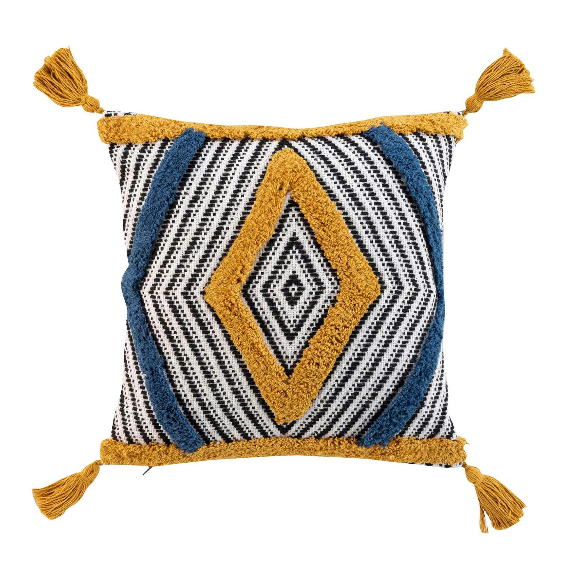 - Coussin déhoussable à pompons bleu