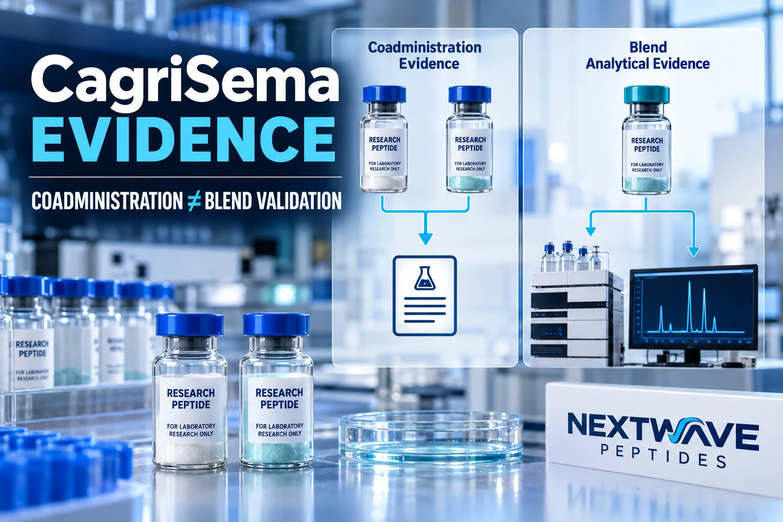 CagriSema research vials beside a split laboratory workflow contrasting coadministration evidence with analytical validation of a premixed peptide blend.