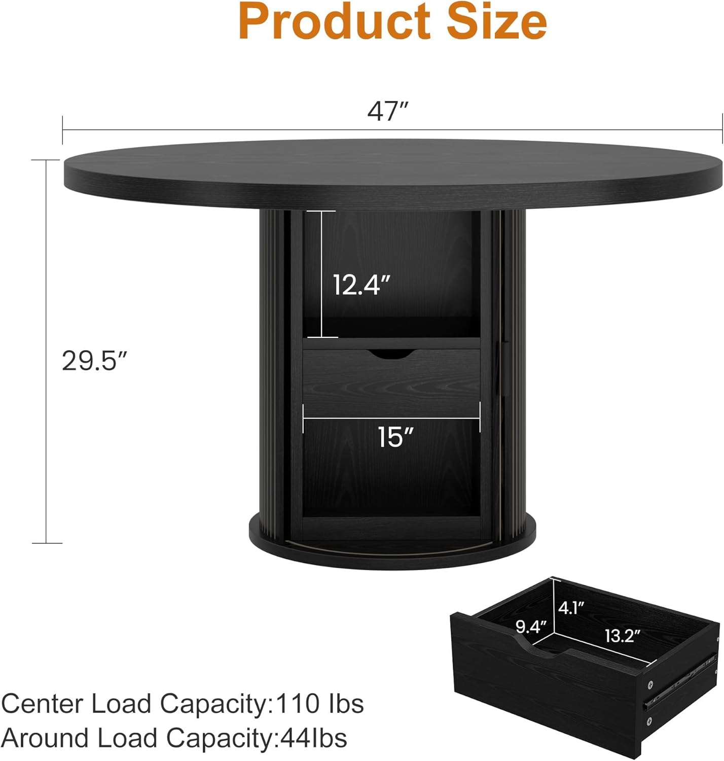 Garvee 47 Inch Round Dining Table for 4, Kitchen Table with 2-Layer Storage Shelf and a Drawer, Farmhouse Circle Dinner Table for Dining Room, Kitchen, Living Room (Table Only), Black
